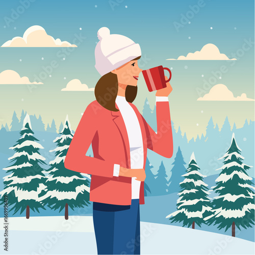 Woman drinking from the winter mug outdoors