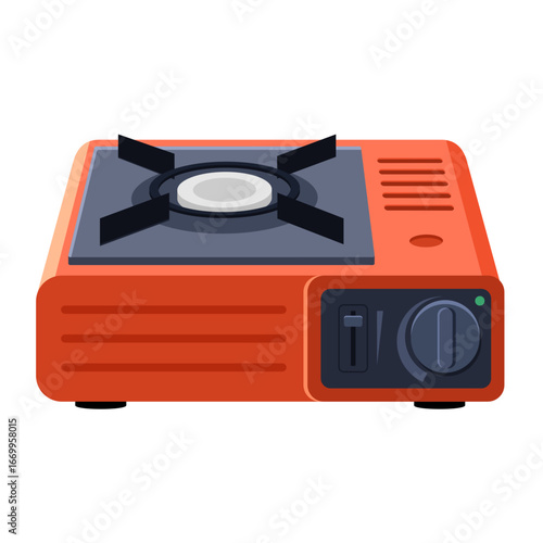 A bright orange portable butane camping stove with a black grate and control knobs.
