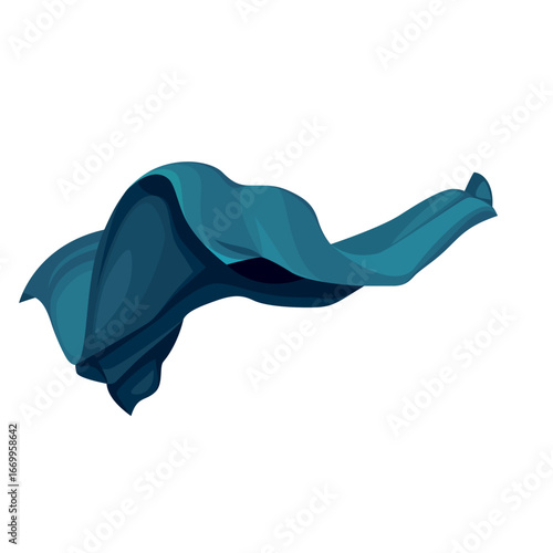 Illustration of a flowing, draped blue fabric or cloth with soft folds and dynamic movement.