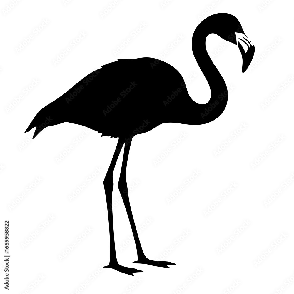 Fototapeta premium Solid black Flamingo standing silhouette vector illustration. Minimal logo, symbol, icon, character design on white background.