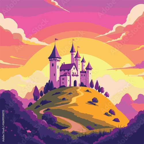 Fantasy castle on glowing hilltop view