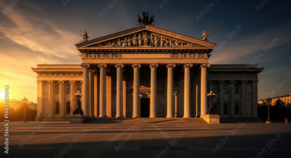 Obraz premium Historic Neoclassical Government Building with Large Columns and Statues at Sunset