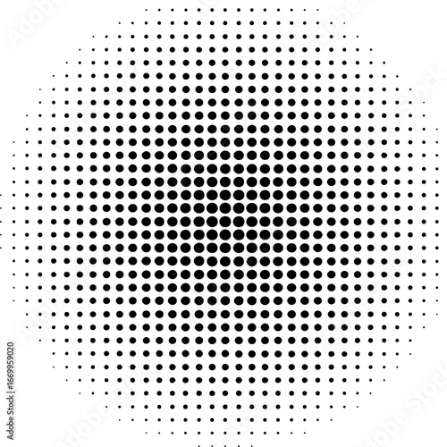 A circular pattern of black dots of varying sizes on a white background, creating a halftone effect.