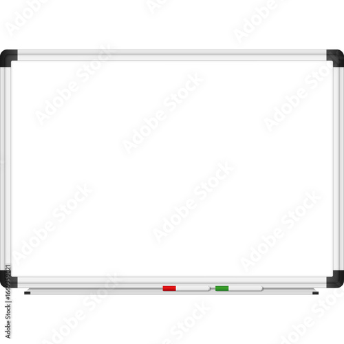 A blank white magnetic dry-erase board with a silver aluminum frame and black corner caps, featuring a small marker tray at the bottom.