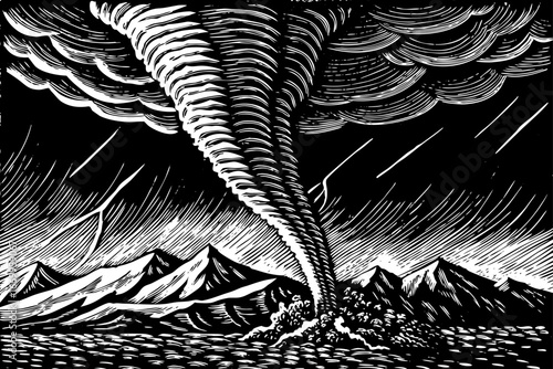 Tornado emerging near mountain range, dust and debris carried by violent rotating wind in black and white sketch.