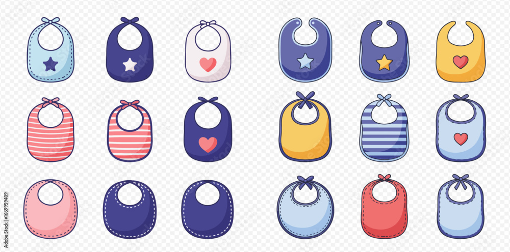 Fototapeta premium Collection of colorful baby bibs with various patterns and designs.