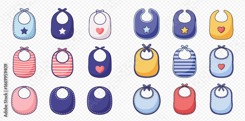Collection of colorful baby bibs with various patterns and designs.