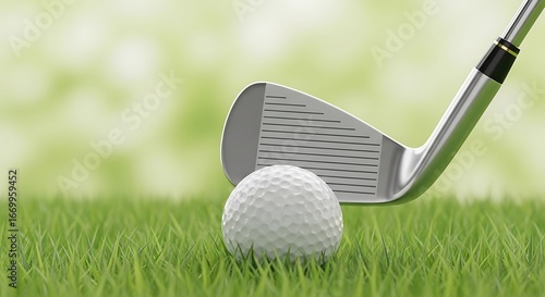 A golf club poised above a white golf ball resting on a vibrant green grassy field.