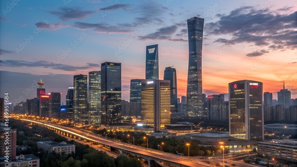 Fototapeta premium Skyline of Beijing CBD area at sunset, with cloud in the sky
