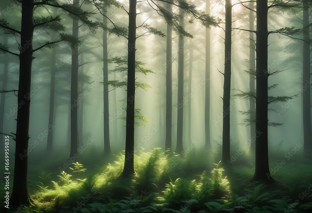 Fototapeta premium Sunlight Rays in Misty Pine Forest