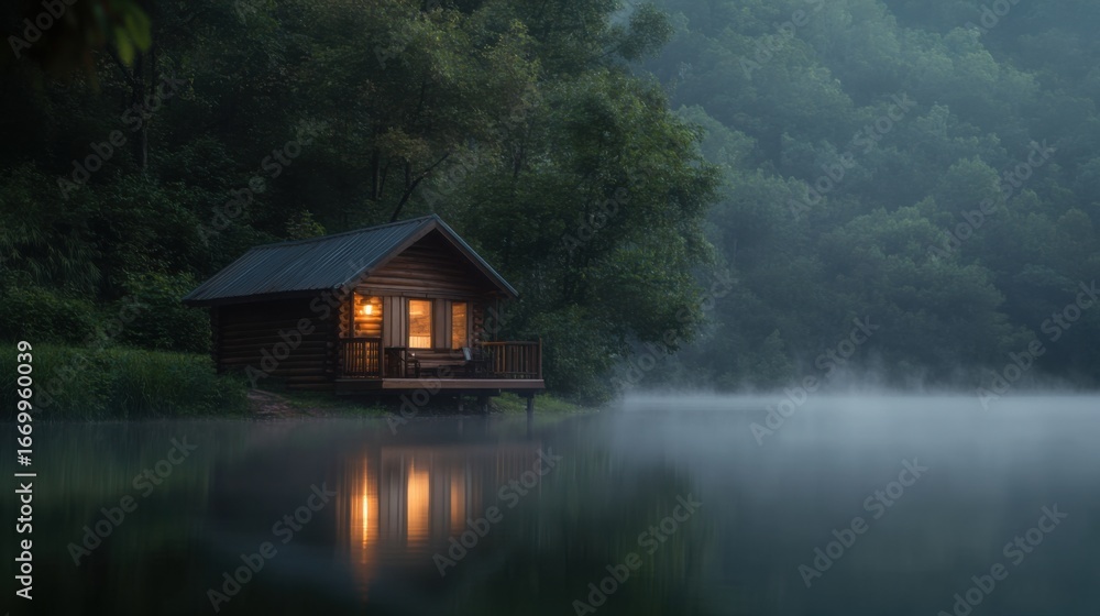 Fototapeta premium Tranquil cabin by misty lake at dawn amidst lush forest serenity and reflections
