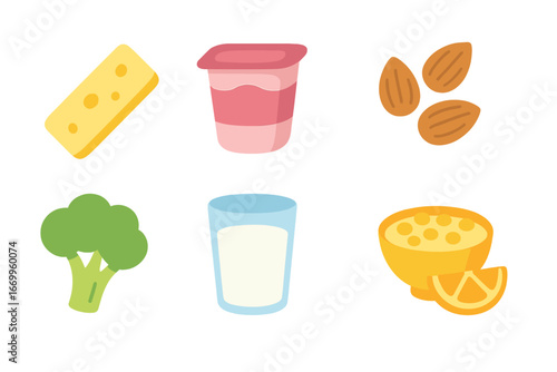 Calcium-Rich Snacks Grid. Flat vector mini-illustrations calcium rich snacks in colors children's illustrations: cheese stick,