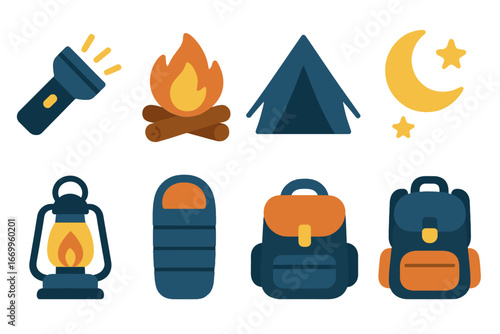 Camping Night Icons. Flat vector mini-illustrations camping night in colors children's illustrations: flashlight, campfire, tent,