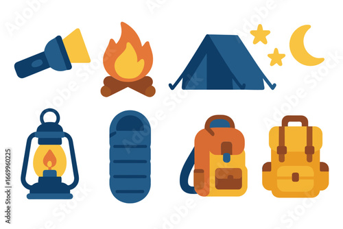 Camping Night Icons. Flat vector mini-illustrations camping night in colors children's illustrations: flashlight, campfire, tent,