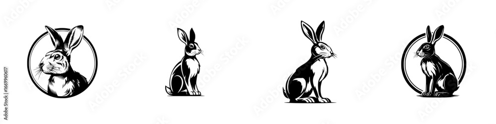 Fototapeta premium Black and White Rabbit and Hare Stylized Icons, minimalist monochrome icons