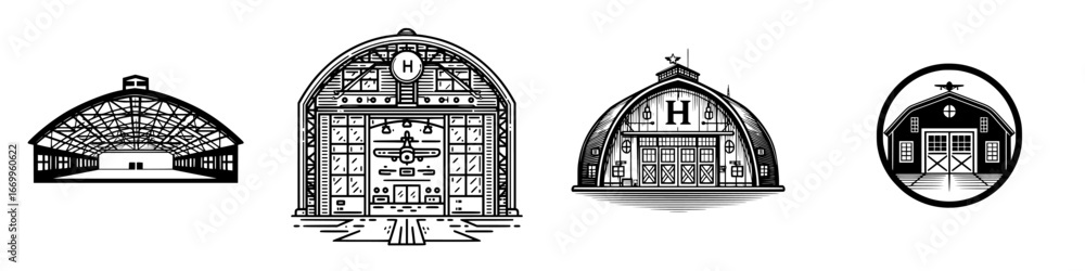 Fototapeta premium Vintage Aircraft Hangars and Barns Collection, minimalist monochrome icons
