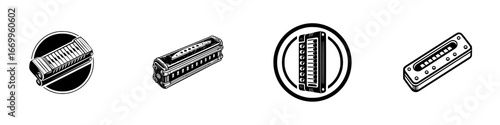 Vintage Harmonica Icons Set Black and White Musical Instrument, minimalist monochrome icons