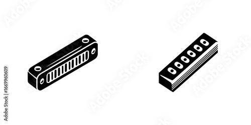 Harmonica Musical Instrument Black and White Icon Set, minimalist monochrome icons