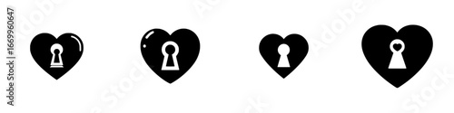 Heart shaped keyhole icons, love symbol lock and keyhole graphic elements, minimalist monochrome icons
