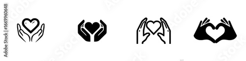 Diverse hands forming heart shapes and holding heart symbol for love and care, minimalist monochrome icons