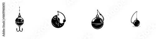 Fishing bobbers and hooks set, fishing tackle icons, minimalist monochrome icons