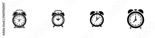 Vintage alarm clocks with bells and stands, black and white icons, minimalist monochrome icons