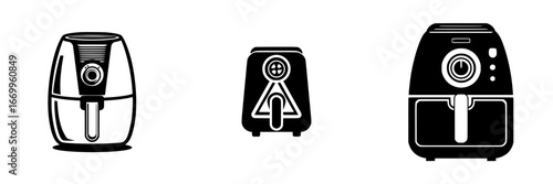 Modern Air Fryer Kitchen Appliance with Digital Controls, minimalist monochrome icons