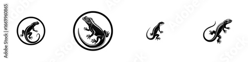 Tribal lizard silhouette in circle, stylized reptile emblem, black and white graphic, minimalist monochrome icons