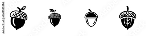 Stylized acorn icons with textured caps and leaves, isolated on white, minimalist monochrome icons