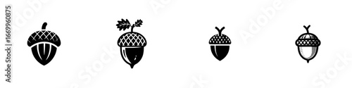 Stylized acorn icons with varied textures and leaf accents, minimalist monochrome icons