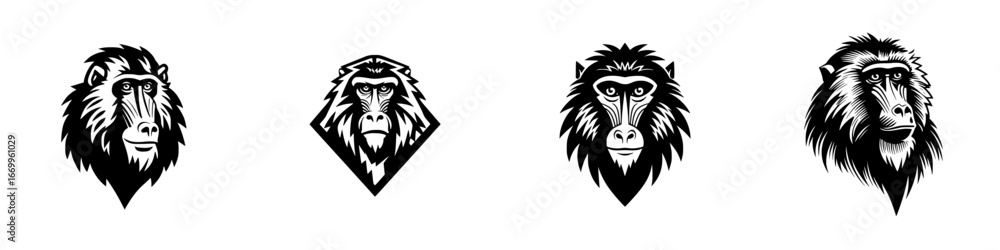 Fototapeta premium Stylized Monkey Faces Set, minimalist monochrome icons