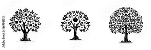 Silhouette trees with abundant fruit and foliage, minimalist monochrome icons