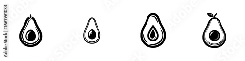 Avocado icons, fresh fruit halves with pits and leaves, simple black and white graphics, minimalist monochrome icons