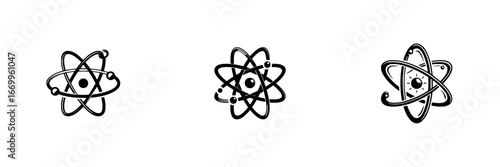 Atomic structure with orbiting electrons and central nucleus, minimalist monochrome icons