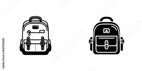 Stylized backpacks with buckles and straps, minimalist monochrome icons
