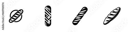 Stylized Baguette and Bread Icons in Black and White, minimalist monochrome icons