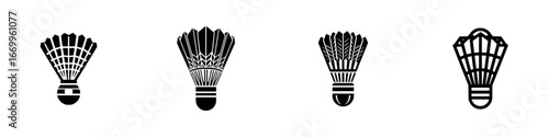 Stylized badminton shuttlecocks in black and white, minimalist monochrome icons