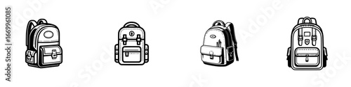 Various Backpacks with Pockets and Straps, minimalist monochrome icons