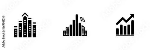 Abstract cityscape with rising bar graph and signal waves symbolizing growth and connectivity, minimalist monochrome icons