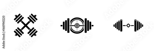Stylized barbell and dumbbell icons for fitness and sports, minimalist monochrome icons