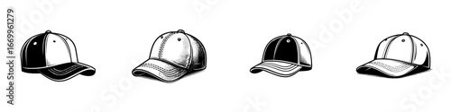 Four vintage baseball caps in black and white, minimalist monochrome icons