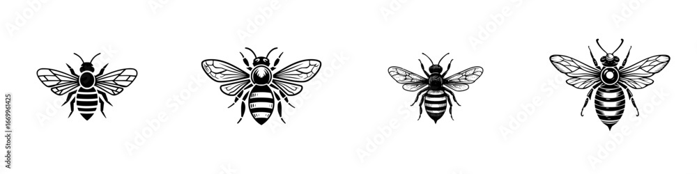 Fototapeta premium Stylized bees with detailed wings and striped bodies in graphic black and white, minimalist monochrome icons