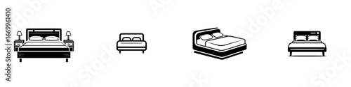 Stylized bed icons with pillows and bedside tables in black and white, minimalist monochrome icons