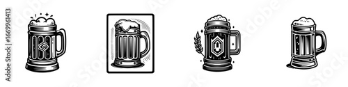Stylized beer mugs with frothy heads, black and white linework, minimalist monochrome icons