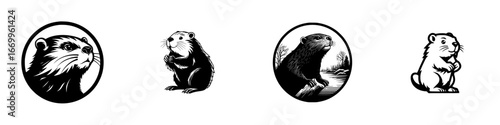 Beaver and Wildlife Scenes in Black and White, minimalist monochrome icons