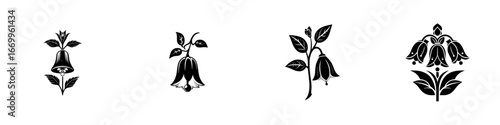 Bell-shaped flowers and leaves, elegant floral ornaments, black silhouette, minimalist monochrome icons