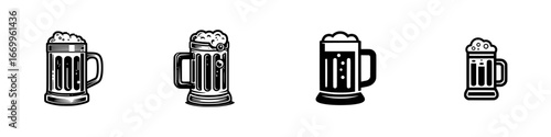 Stylized beer mugs with frothy heads, black and white graphic art, minimalist monochrome icons