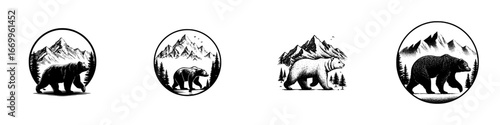Grizzly bear in a mountainous forest with pine trees and birds, minimalist monochrome icons