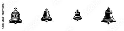 Vintage bells with ornate details and clappers, minimalist monochrome icons