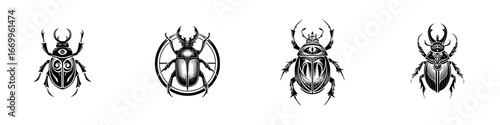 Stylized scarab beetle designs with Egyptian motifs and eye symbols, minimalist monochrome icons